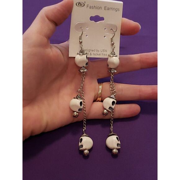 White Skull Long Dangle Tassel Halloween Bikercore Punkcore Rocker Goth Boho - Picture 3 of 5
